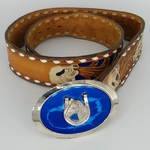 Tony Lama Leather Vintage Leather Belt Blue Horse Shoes